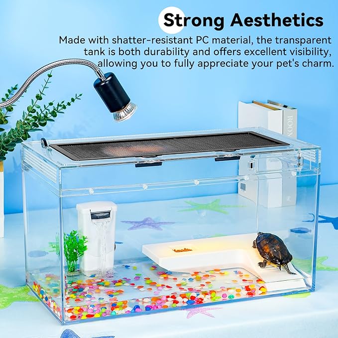 20x10.6x9.4'' Turtle Tank Kit - High-Definition Aquarium With Heating Lamp, Filter, Advanced Ventilation, High-Temperature Resistance, Complete Accessories for Habitat