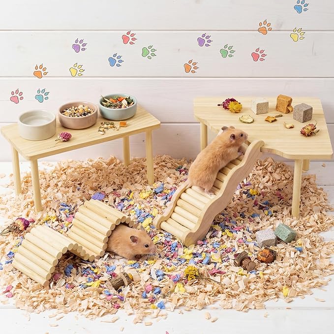 BreezeHug 4 Pcs Hamster Platform Hideout Wooden Tunnel Ladder Playhouse Hamster Game Climbing Toy with Platform Cage Accessories for Small Pets Dwarf Syrian Mice Degus Gerbils Squirrel(Climber)