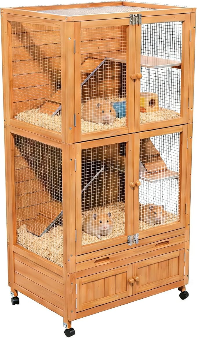 Wooden Hamster Cage, Large Double-Layered Hamster Cage with Storage Area, Deep Pull-Out Tray, and Aesthetically Pleasing and Convenient Magnetic Door Design. (Wood Color)