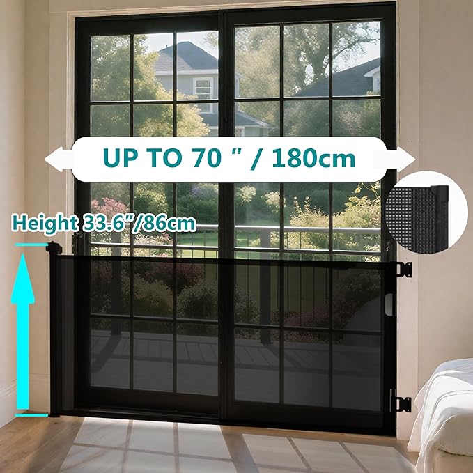 Retractable Baby Gate,Mesh Baby Gate or Mesh Dog Gate,34" Tall,Extends up to 70" Wide,Child Safety Gate for Doorways, Stairs, Hallways, Indoor or Outdoor