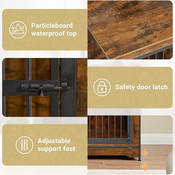 Rovibek 86" Stackable Dog Kennel Furniture with Removable Divider & 3 Doors, Double Dog Crates Furniture for 2 Dogs, Corner Dog Crate Furniture, Rustic Brown