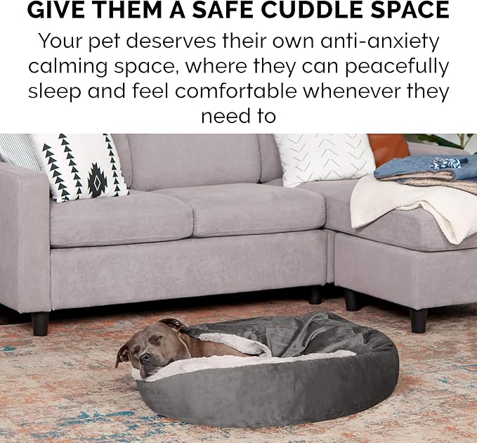 Furhaven 27" Round Calming Donut Dog Bed for Medium/Small Dogs, Washable, For Dogs Up to 45 lbs - Plush Velvet Waves Hooded Donut Bed - Dark Gray, Medium