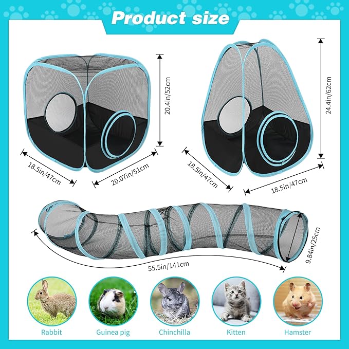Rabbit Playpen with Tunnel, Breathable & Transparent Rabbit Playpen Pop Open Tent with Tube for Dwarf Rabbits,Ferret, Small Animal Playpens Bunny Tunnels Exercise Play Indoor or Outdoor