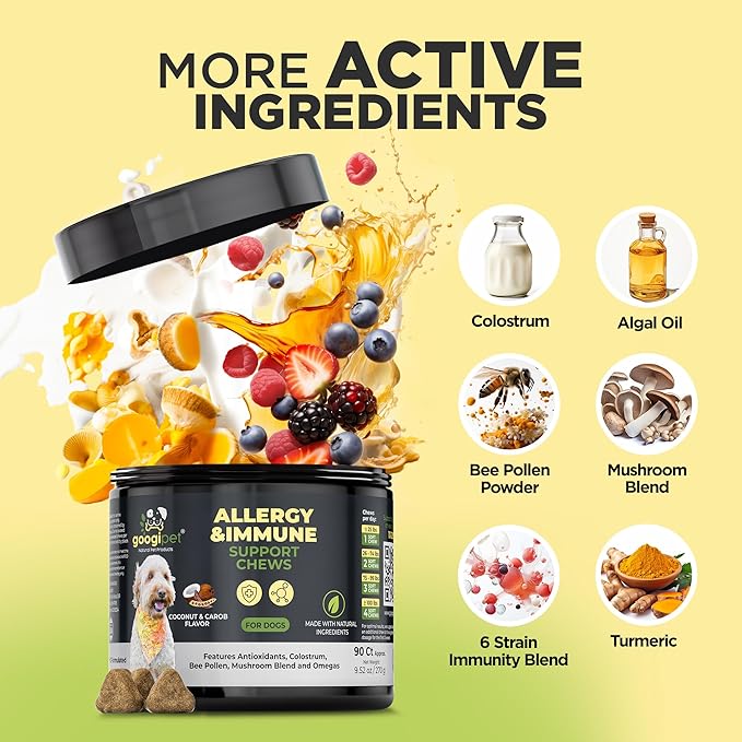 Googipet Dog Allergy Chews, Seasonal Dog Allergy Relief & Itchy Skin Relief, Skin & Coat Supplement Colostrum, Coconut Oil, Omega 3 Fish Oil, & Bee Pollen for Dogs Itch Relief