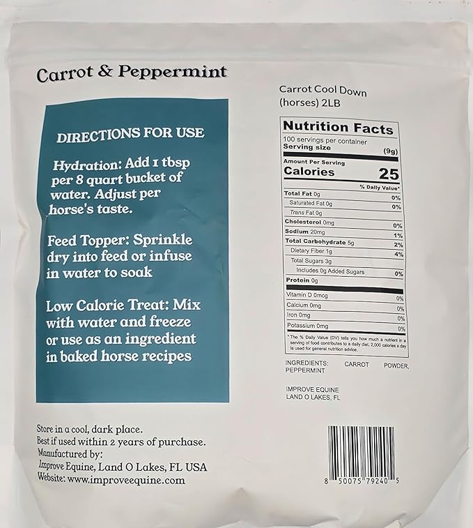 Low Calorie Hydration, Feed Topper & Treat | Safe, NO Electrolyte/Salt for Daily Intake | No Sugar Added (2LB Bag (100 Servings), Carrot Cool Down - Carrot & Peppermint)