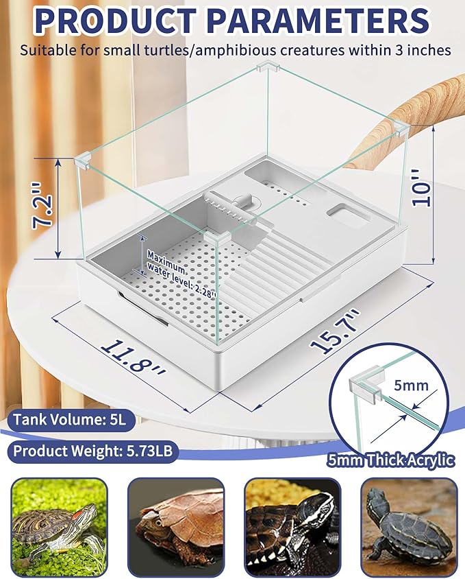 MoonOrange Small Turtle Tank Kit(Tank + Light + Water Pump), Acrylic Turtle Tank Starter Kit with Upgrade Rain Shower Head, Adjustable 5W Water Pump, Higher Fences and Multi-Function Area. (S-Kit)