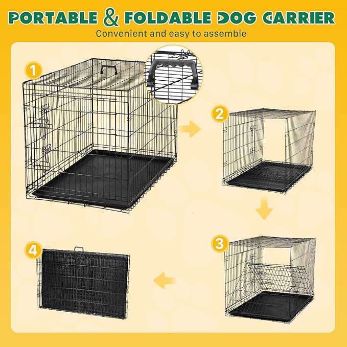 Dog Crate - Medium 36 Inch Double Door Portable Dog Cage, Metal Wire Pet Kennel with Secure Lock, Leak-Proof Pan Tray, Foldable Design for Dogs Pets Indoor Training and Outdoor Trave