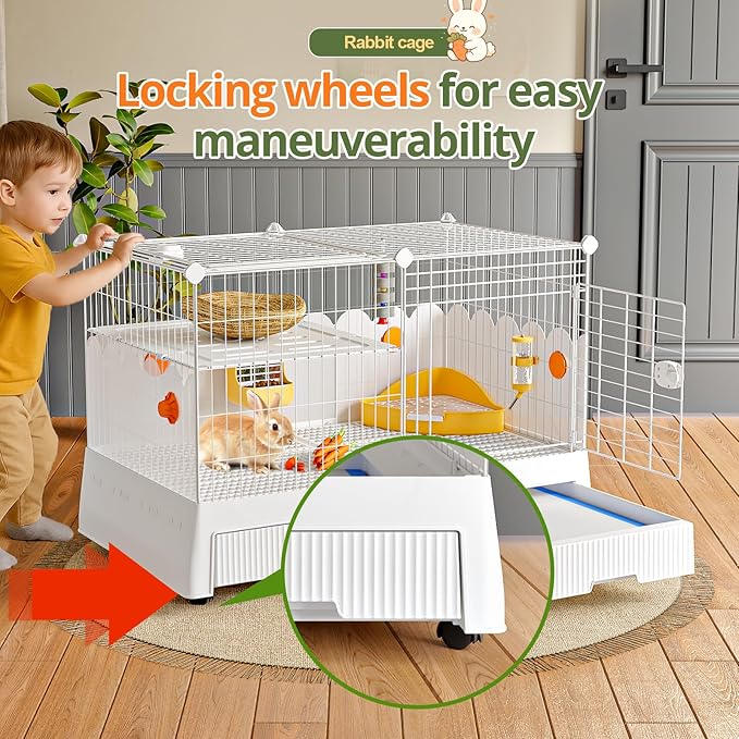 Oneluck Large Rabbit Cage Indoor,Loft Bunny Hutch with Rasied Urine-Proof Walls, Leak-Proof Trays, Wheels,37" L x22 W x 30" H for Rabbits, Chinchillas, Guinea Pig and Small Animals
