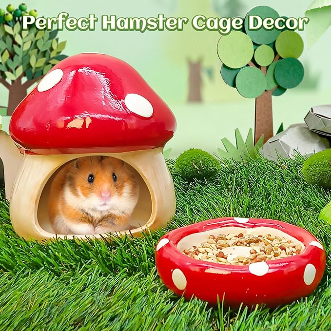 BNOSDM Ceramic Hamster Hideout Cute Mushroom Shape Hamster House and Habitat Cool Hamsters Hide Suitable for Syrian, Mice, Dwarf Hamsters, Gerbils (Red)