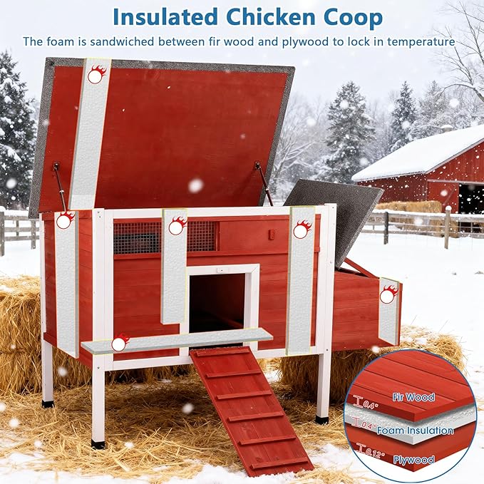 FunXplore Chicken Coop Hen House Wooden Insulated Poultry Cage Rabbit Hutch with Nesting Box Asphalt Roof Pull-Out Metal Tray Elevated Legs Removable PVC Layer
