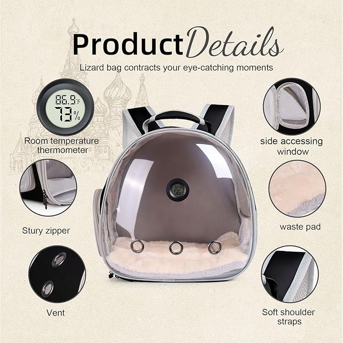 Bearded Dragon Travel Backpack Carrier with Reptile Thermometer and Humidity Gauge Lizard Travel Cage Space Capsule Clear Bubble Window Astronaut Reptile Bag for Ball Python (Black, Backpack+PG LSH)