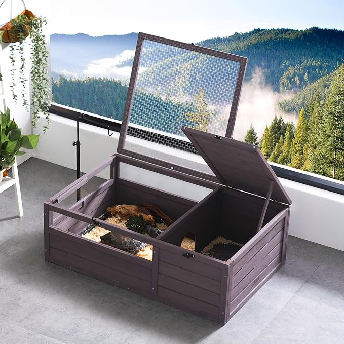 VEVOR Tortoise Habitat, Cedar Wooden Tortoise House Indoor & Outdoor, Tortoise Enclosure with Adjustable Lamp Holder, 2-Room Reptile Enclosure Small Animal Cage for Gecko, Lizard, Snake 38x24x13 inch