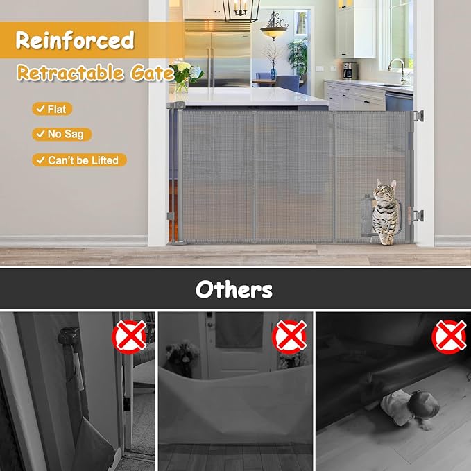 Reinforced 60” Wide Retractable Dog Gate with Cat Door Gates for Pets with Reinforced Strips 33” Tall Mesh Baby Gate Retractable Pet Gates for Dogs Indoor with Door Cats Can in and Out Freely, Gray