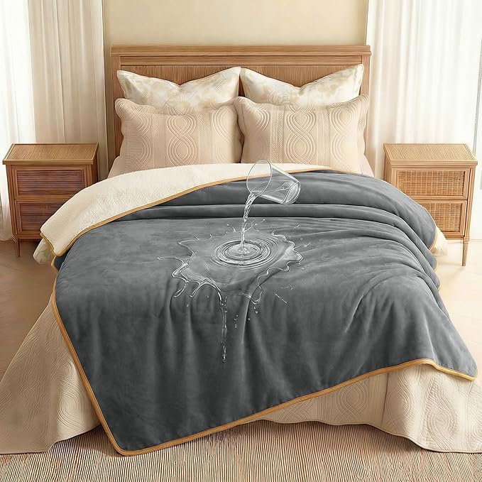 Luciphia Waterproof Blanket for Dog Washable Reversible Sherpa Fleece Throw Blanket for Bed Couch Soft Liquid Pee Proof Furniture Cover Protector for Small Medium Large Pet Cat Grey 65" x 57"