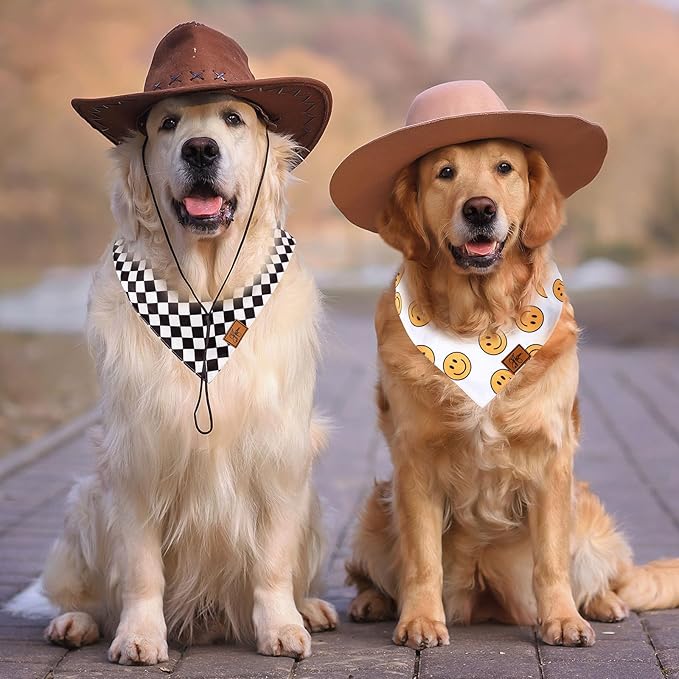JarThenaAMCS 2Pcs One Happy Dude Dog Bandana Boho Smile Face Checkerboard Print Fabric Pet Scarf Medium Sizes Adjustable Pet Neckerchief Bibs for Cat Dog Birthday Costume Accessories