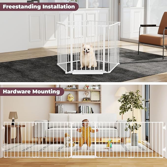 127.5" Extra Wide Baby Gate for Fireplace Christmas Tree, Configurable 5 Metal Panels Baby Fence, Child Gate for Wide Openings with Anti-Trip Pedal, Long Kid Gate for Dog Pet, 28'' Tall White