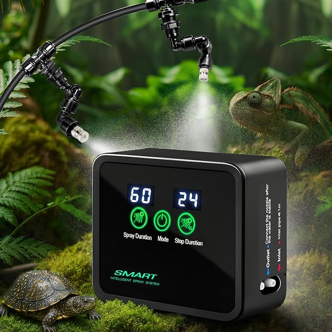 Reptile Mister Automatic Misting System, Reptile Humidifiers with Smart Timing Controller, Terrariums Humidifier with 360°Adjustable Misting Nozzles, Rainforest Ecosystem Sprayer…