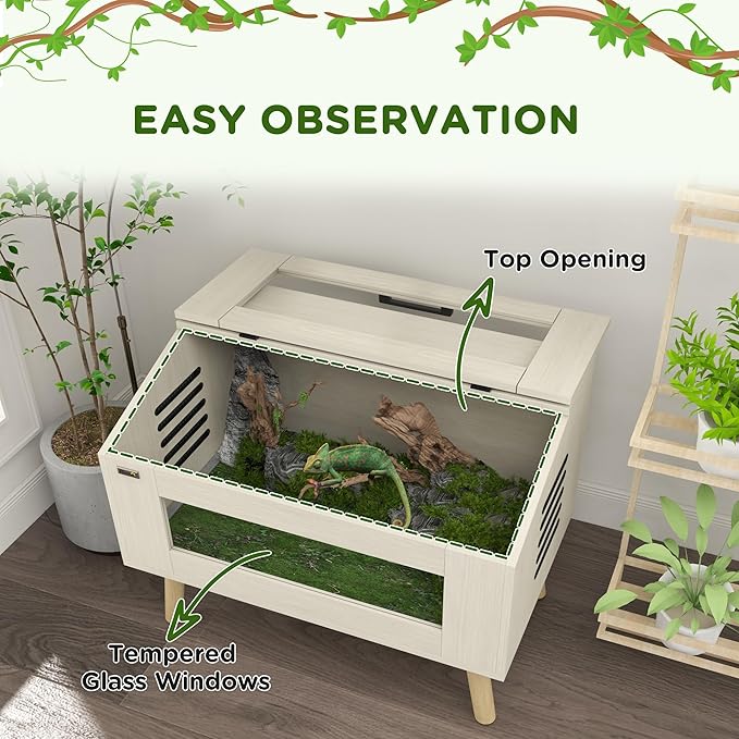 PawHut Reptile Terrarium 30 Gallon Top Opening Reptile Tank with Glass Windows Air Ventilations, Wooden Hamster Cage for Snakes Lizards Horned Frogs Chameleons Gerbils, 31.5" x 20" x 24"