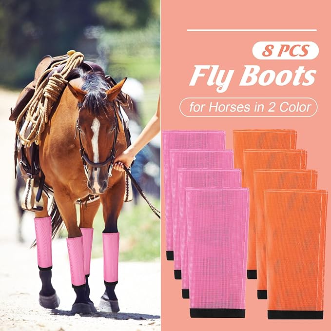 Set of 8 Mesh Fly Boots for Horse Breathable Mesh Horse Boots Protective Loose Wraps Adjustable for Preventing Legs Reduces Flies and Mosquitoes Bites(Orange, Pink,Yearling)