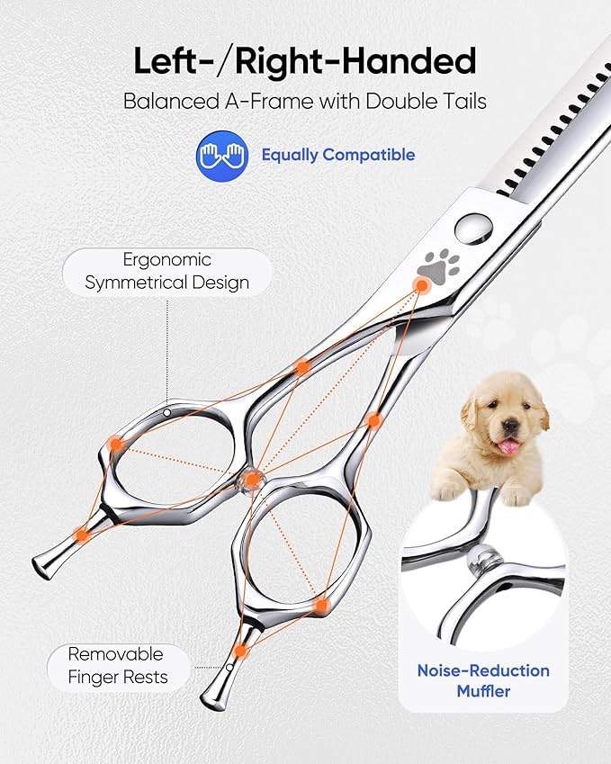 ULG Professional Dog Grooming Scissors 7.0” Straight Chunker Shear 65%-75% Thinning Rate 440C Japanese Stainless Steel Tension Adjustable Right Handed Pet Grooming Shears