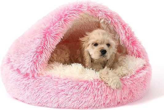 NOYAL Round Hooded Donut Dog Bed for Small & Medium Pets - Plush Fluffy Anti-Anxiety Cat Cave Bed with Cover