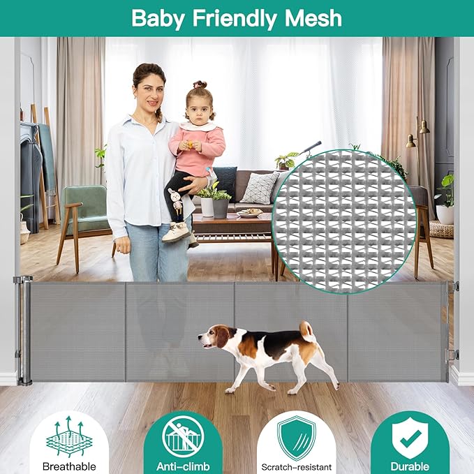 24 Inch Tall x 75 Inch Extra Wide Retractable Dog Gate for The House, Short Dog Gate to Step Over, Reinforced Mesh Puppy Gate for Doorways, Step Over Pet Gate for Stairs, Indoor/Outdoor, Gray