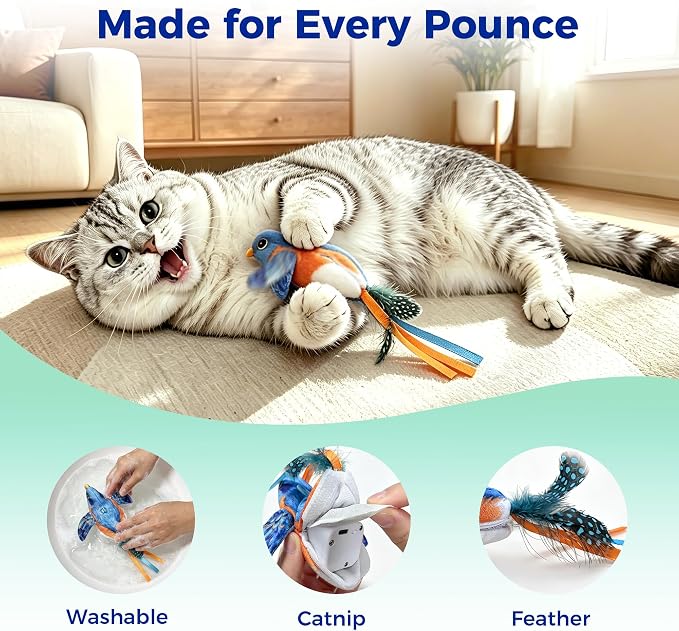 Interactive Flapping Bird Cat Toy for Indoor Cats, Auto Chirping Cat Toys, Touch Activated Rechargeable Self Play for All Breeds Cat Kicker Toys, with 5 Bird Covers and Catnip Pouches - Image 4