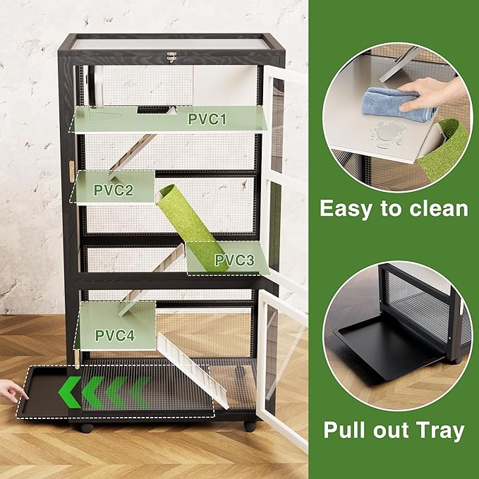 5-Tiers Small Animal Critter Cage Large Ferret Cage 55''H Chinchilla Cage with Easy-Clean Removable Tray, Hamster Wheel, Tunnel, House, Ramp & Cover, Lockable Wheels, for Indoor & Outdoor