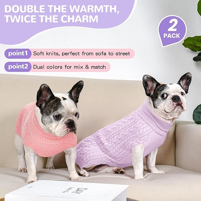 2 Pack Dog Sweaters for Medium Dogs Winter Turtleneck Pullover Cable Knit Fleece Stretch Frenchie Dachshund Pug Corgi Beagle Boy Girl Pet Clothes (L, Pink & Purple)