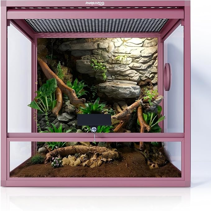 Phailozoo MagicCube 18'' x 18'' x 18'' Reptile Tank, Lockable 24 Gallon Crested Gecko Tank with Flip-Up Door, Colorful Aluminum Frame for Easy Assembly & Decorative Mesh Top for Optimal Ventilation