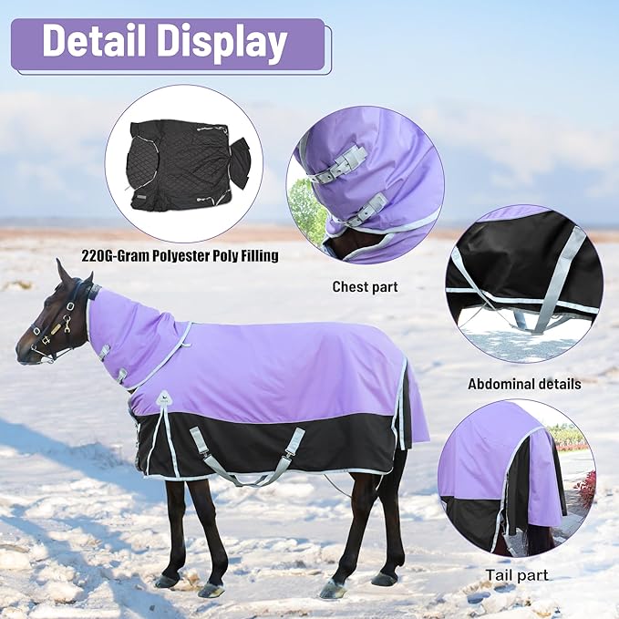 Horse Turnout Blankets Horse Blanket Winter Water Resistant,220-Gram Polyester Poly Filling Liner 1200D Premium Turnout Horse Blanke for Winter,Medium Weight Blanket 81 inches,155cm