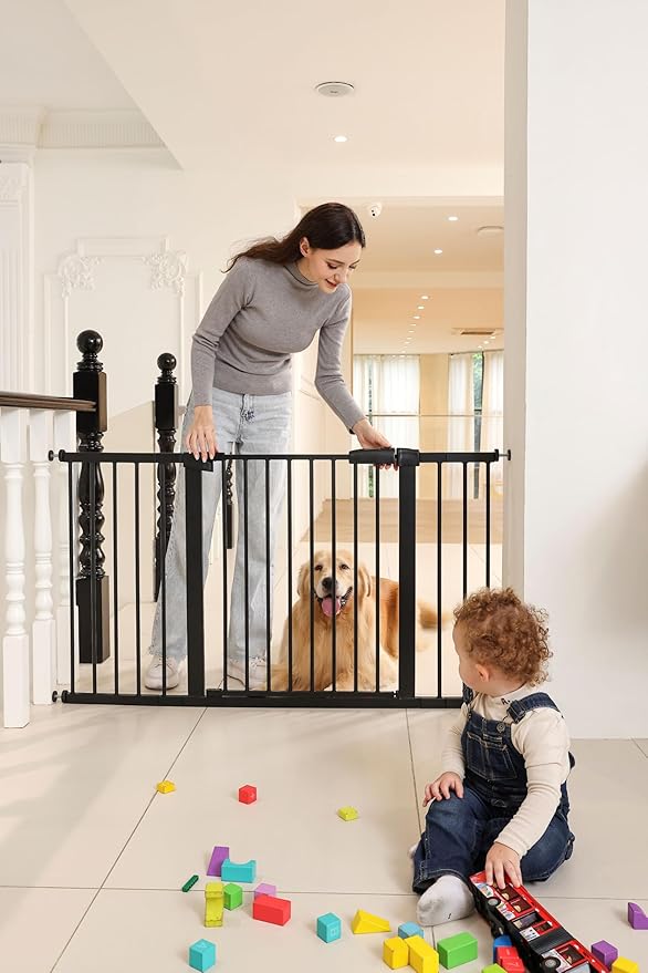 55.98"-58.15" Baby and Pet Safety Gate, 30" Tall Metal Walk-Thru Gate for Doorways & Stairs, Easy One-Hand Open, Dual Lock, Extensions & Wall Mounts Included (Black, 29"-57" W x 30.5“H)