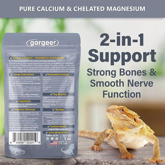 Gargeer 'Magnesium & Calcium' Supplement for All Reptiles | Dual Mineral Support for Strong Bones, Muscle & Nerves Function | Chelated Magnesium for Better Absorption | 3oz | Made in USA