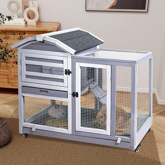 GEGURI Rabbit Hutch Indoor Rabbit Cage Outdoor, Wooden Bunny Cages for Guinea Pig with Wheels