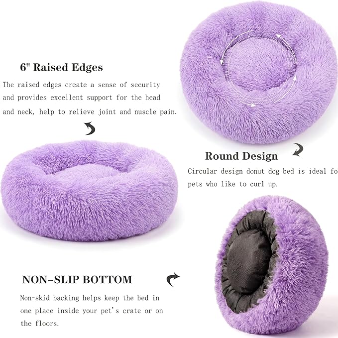 Calming Donut Dogs Beds for Small Dogs Washable,23inch Plush Round Pet Bed for Cozy Sleep,Fluffy Faux Fur Large Cat Bed,Fits up to 25 lbs Pets,Purple