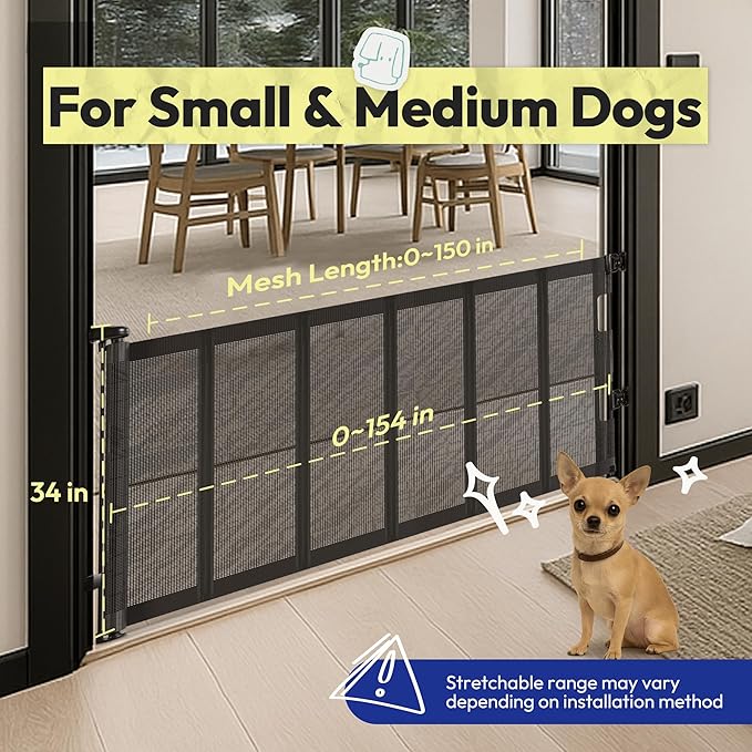 34" H Tall Mesh Dog Gate Extends Up to 150" W Retractable Pet Gate with Drill Installation, Preventing Crawling Through for Stairs, Doorways, Indoor & Outdoor (Black)