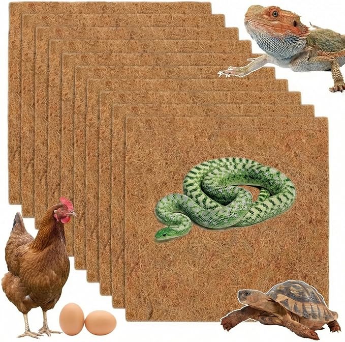 10Pcs Reptile Carpet Mat Chicken Coop Nesting Mat 12 * 12" Natural Coconut Fiber Pet Mat Substrate Liner Terrarium Planter Liner for Lizard Turtle Snake Gecko Bearded Dragon Tortoise