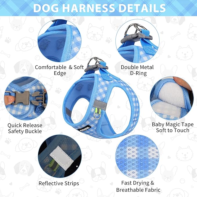 AIITLE No-Pull Pet Harness with a Leash, Plaid Comfort Padded Vest, Step in Dog Harness, Reflective Bands, Soft Breathable Pet Supplies, for Small and Medium Dogs and Cats Blue S