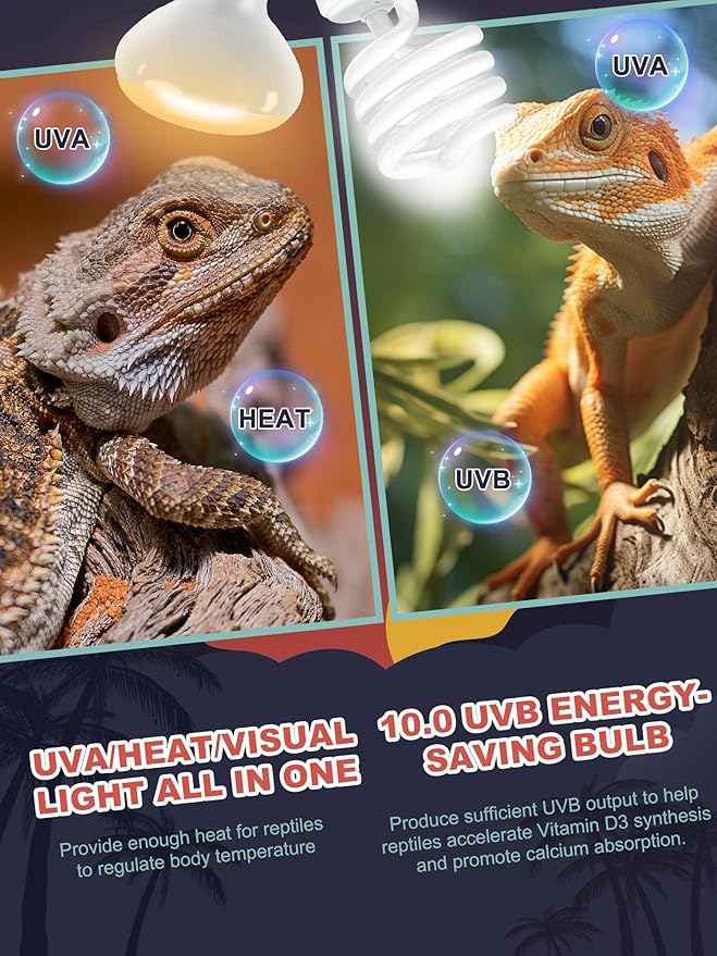 Heat Lamp Combo, 100W UVA Daylight Reptile Heat Lamp Bulb and 26W Desert 10.0 UVB Light for Reptiles, Energy Saving UVB Bulb, Infrared Basking Light for Bearded Dragon, Turtle and Lizard
