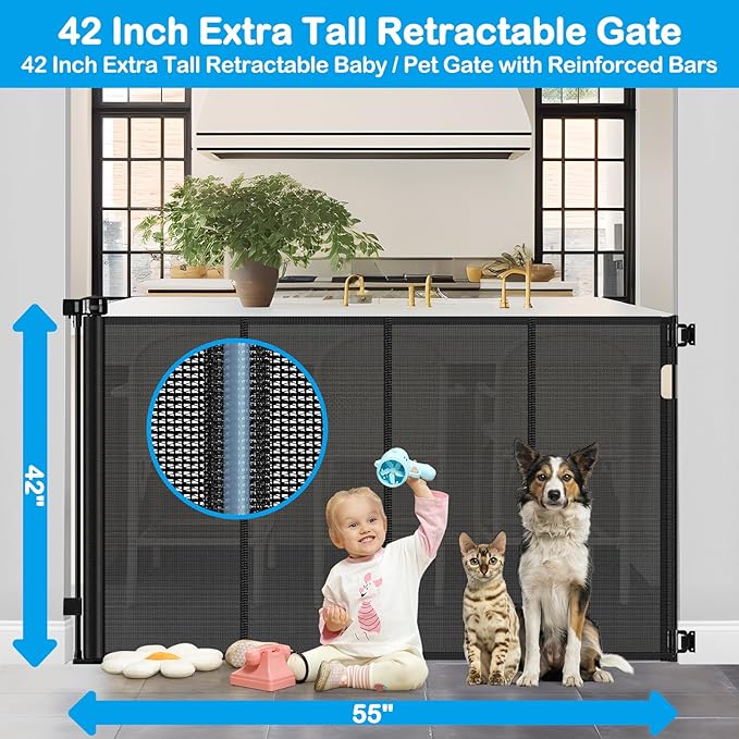 Reinforced 42 Inch Extra Tall Retractable Dog Gate with Reinforced Strips 55 Inch Wide Retractable Baby Gates for Doorways Anti-Scratch Extra Tall Dog Gate Outdoor Pet Gates for Dogs Indoor, Black