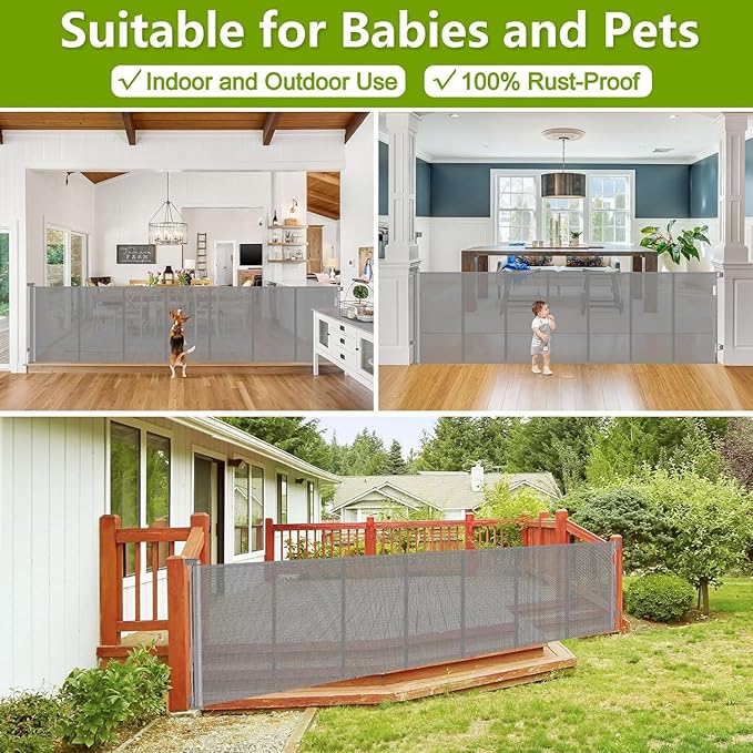 Reinforced 42" Tall Retractable Dog Gate Mesh Baby Fence Gate, 16 Ft Long Baby Gates Indoor Extra Long Gates for Kids or Pets, Outdoor Retractable Gate with Support Rods - Prevent Crawling Under, Gray