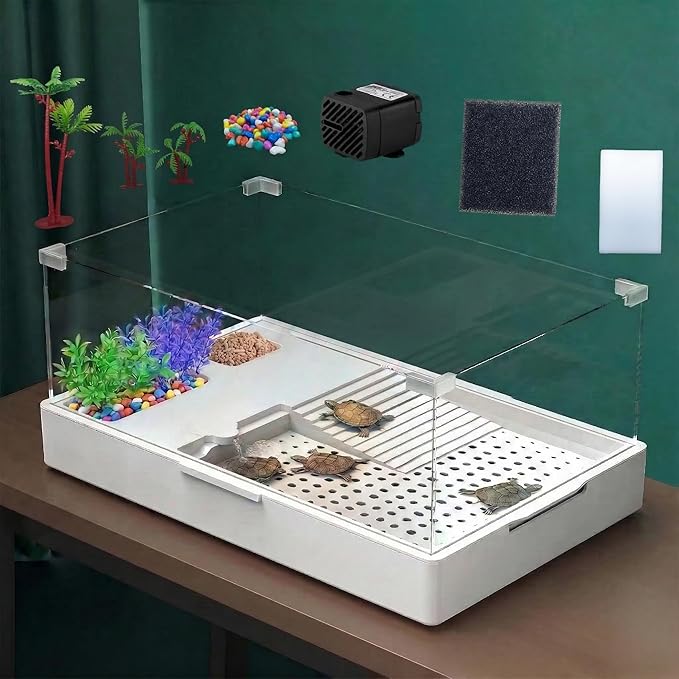 Acrylic Turtle Tank Aquarium with Quiet Water Pump, 5.3 Gallons, 360° View, Easy to Assemble, Durable for Small Turtles & Reptiles