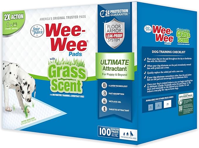 Four Paws Wee-Wee Ultimate Attractant Grass Scented Pee Pads for Dogs & Puppies, Leak-Proof Dog Housebreaking Instinctive Potty Training Floor Protection, 22" x 23", 100 Count