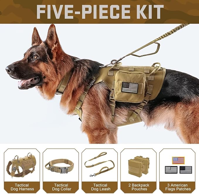 Forestpaw Tactical Dog Harness for Large Dogs,Tactical Dog Collar with Bungee Leash Set,No Pull Military Dog Harness for Walking Training,Adjustable for Medium Large Dogs,Khaki,Chest 21.5-45"