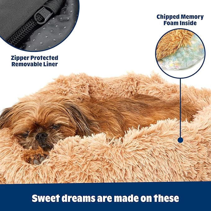 Barkbox Dog Bed Memory Foam Donut Cuddler - Calming Orthopedic Joint Relief Fur Crate Lounger for Pets, Machine Washable + Removable Cover, Waterproof Lining, Includes Toy - Larger Pets - 65lbs