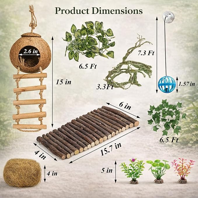 RUNANIA Crested Gecko Tank Accessories，Reptile Vines Plants with Coconut Shell Ladder Hideout Hermit Crab Decor for Bearded Dragon Lizard Chameleon Tortoise Snake