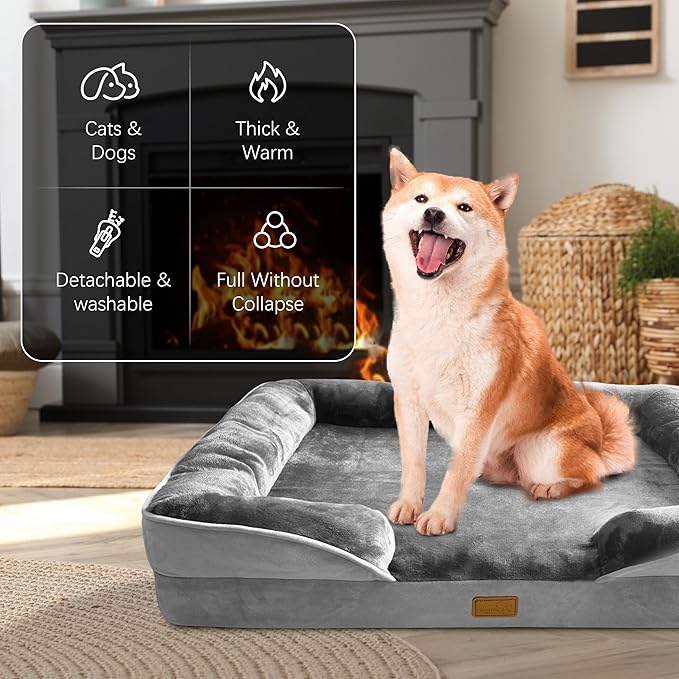 Spotted Play Orthopedic Dog Bed with Sides - Dog Sofa Beds for Large Dogs, Supportive Foam Pet Couch Bed with Washable Removable Cover, Waterproof Lining and Non-Slip Bottom, Grey - L