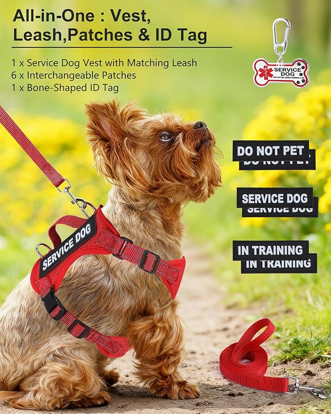 Service Dog Vest for Small Breed Dogs with ID Tag – Lightweight Puppy Harness and Leash Set with 6 PCS Patches, Ideal Service Animal Vest for Training, Complete Service Dog Gear, Red, L