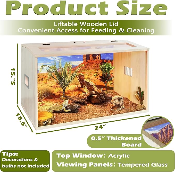 PROLEE Bearded Dragon Tank, Up to 81Gallon Reptile Enclosure, Tempered Glass Lizard Tank, Bearded Dragon Enclosure with Built-in Lamp Fixture for Chameleon (Wooden Roof, 30Gallons,24x15.5x15.5 Inch)