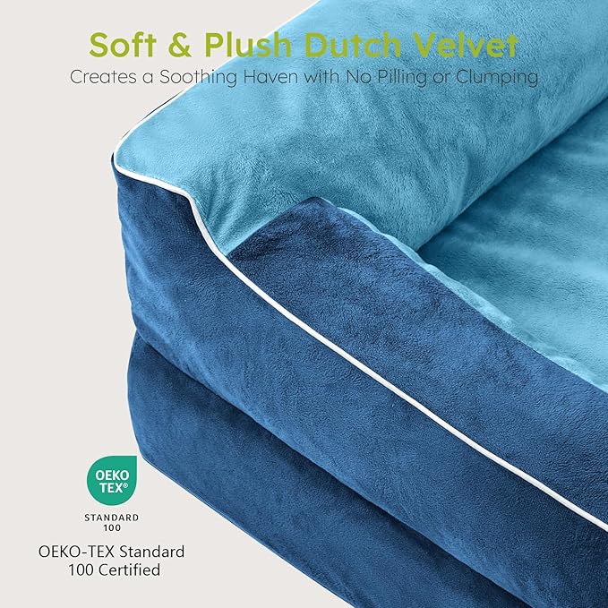 CWAWZ Extra Large Dog Bed, Orthopedic Dog Bed with Cooling Gel Memory Foam, Waterproof XL Pet Bed with Removable Washable Cover, 42" Pet Sofa Couch Dutch Velvet with Bone Toy, Navy Blue